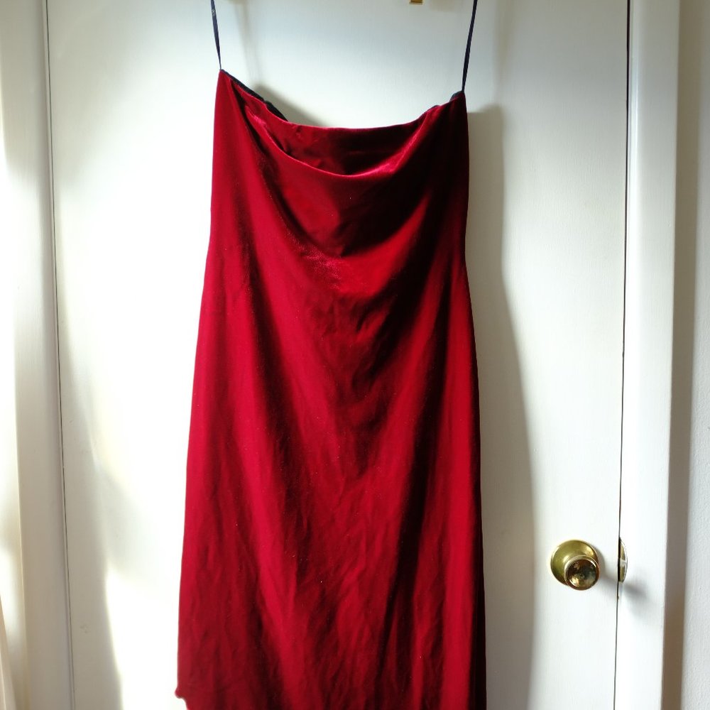 Red Velvet Strapless Asymmetrical Midi Dress